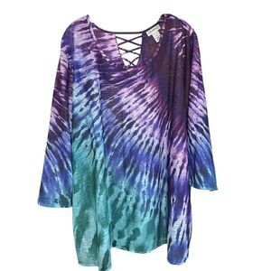 Catherines Womens 3X Tie Dye Long Sleeve Tunic Top Purple Blue Hippie Boho